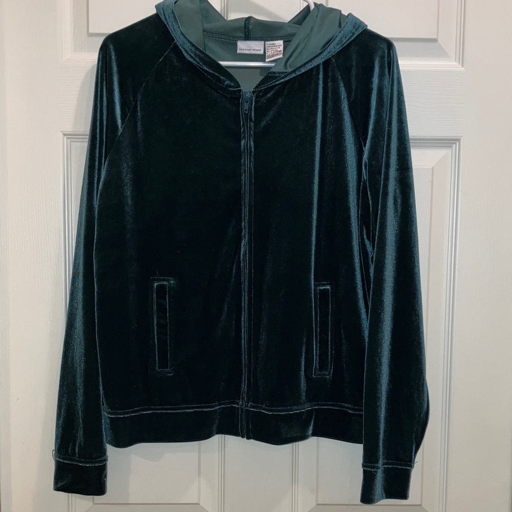 Newport News Velour Feel Zip Hoodie XL Dark Green Soft Stretch Jacket Like New